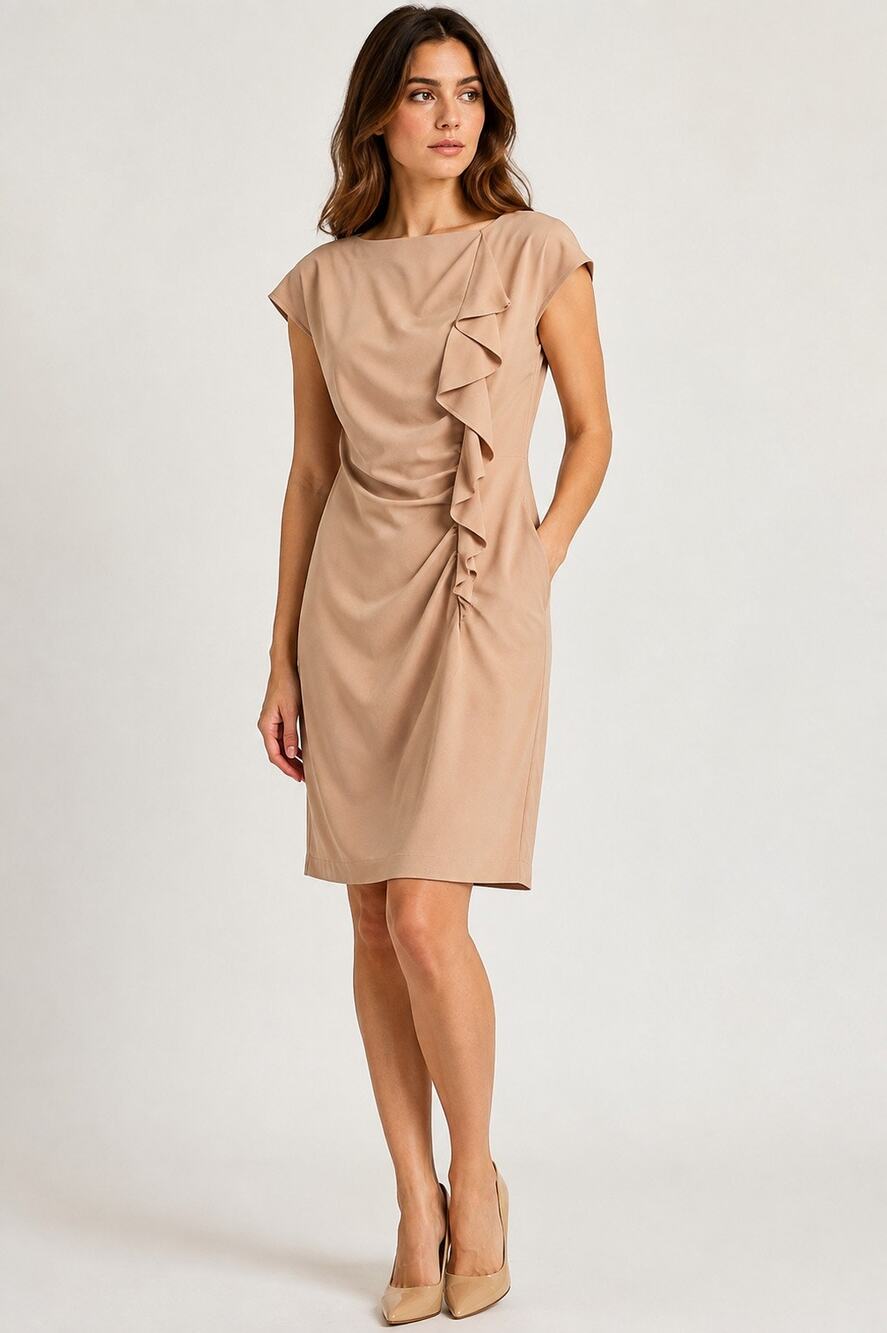 Marc Cain Flutter Detail Dress – Tan – Size 3 / US 12